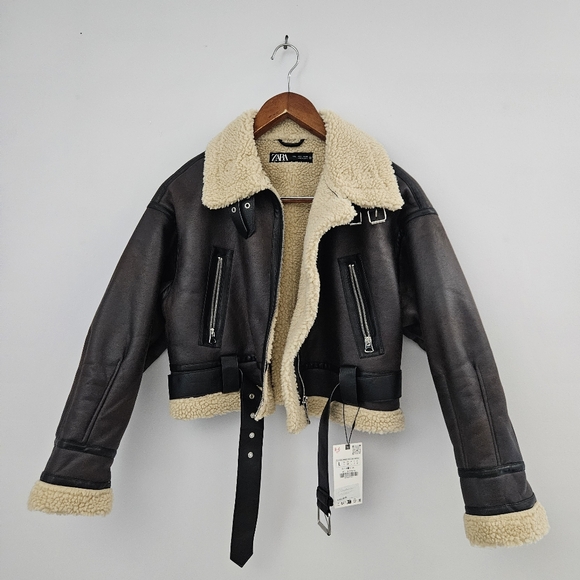 NWT Zara Faux Shearling Lined Jacket Cropped Moto Jacket - Picture 2 of 7